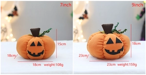 Size comparison of 7-inch and 9-inch plush Halloween pumpkins with spooky face details