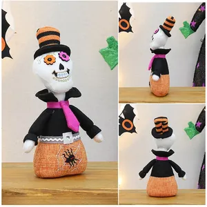 Detailed views of a Halloween skeleton plush doll in tuxedo with orange spider web pattern