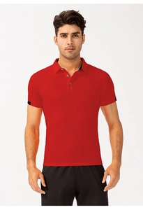 Close-up of red men's polo shirt featuring a black contrast collar and breathable fabric