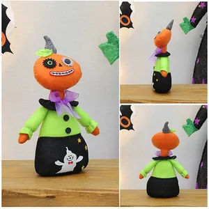 Three views showing detail of a plush Halloween pumpkin witch doll with ghost pattern
