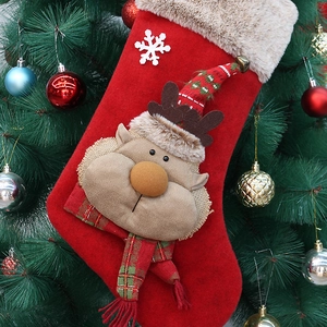 Retro 19.7in Christmas stocking with plush faux fur cuff and 3D reindeer decor