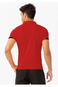 Back view of a red short-sleeve polo shirt for men with breathable honeycomb fabric texture