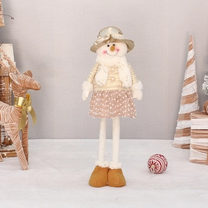 Retractable snowman doll ornament in beige and gold with long legs for Christmas decor