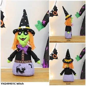 Detailed views of a Halloween witch doll with green face and purple burlap base