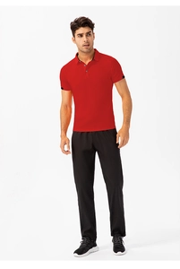 Red men's quick-dry polo shirt featuring black contrast cuffs for sports and casual wear
