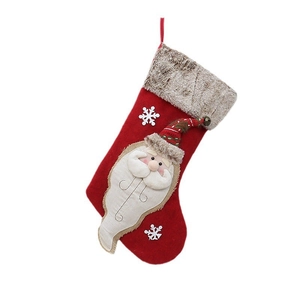 Vintage 19.7in red Christmas stocking with 3D Santa Claus and plush faux fur cuff