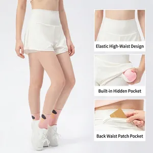 Girls white high-waisted quick-dry tennis shorts with hidden pockets and double layer
