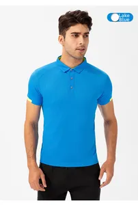 Detail of lake blue polo shirt featuring breathable mesh fabric and neon yellow trim