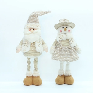 Standing telescopic Santa and Snowman dolls in champagne gold and cream fabric for Christmas