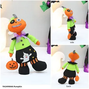 Detailed front side and back view of Halloween plush pumpkin doll with festive embroidery