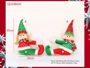 Detail of Christmas elf plush ornaments with sequins and striped scarves for tree decoration