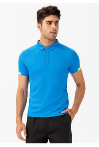 Detail of blue sport polo shirt featuring neon yellow accents and breathable mesh fabric