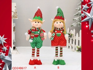 Detail von Plüsch-Weihnachtselfen mit roten Pailletten und grünem Karomuster-Outfit