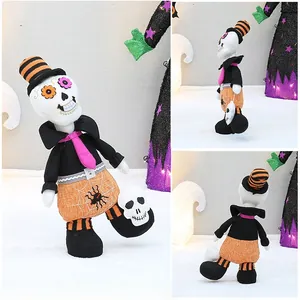 Detailed front, side, and back view of a Halloween skeleton plush doll with top hat