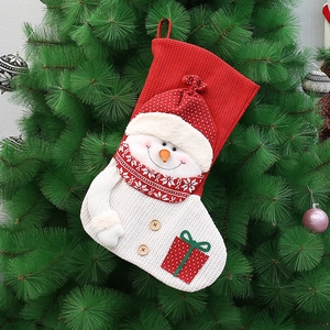 18-inch knitted Christmas stocking with 3D snowman and buttons on a pine tree