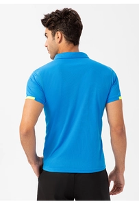 Macro detail of breathable electric blue mesh fabric and contrast neon yellow sleeve piping