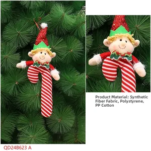 Detail of plush Christmas elf candy cane hanging ornament with red sequin hat and soft fabric