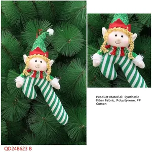 Detail of Christmas elf candy cane hanging ornament with green sequins and plush textures