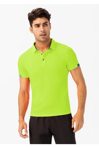Detail of neon green polo shirt showing breathable mesh fabric and blue trim accents