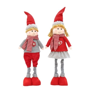 Set of two 59cm retractable Christmas dolls with red hats and striped scarves for decor