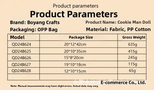 Size chart showing material details and specifications for gingerbread man plush dolls