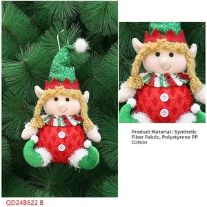 Detail of Christmas elf doll with green sequin hat and golden braids for tree decoration