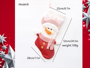 Detail of Christmas stocking featuring 3D snowman with pink hat and size measurements