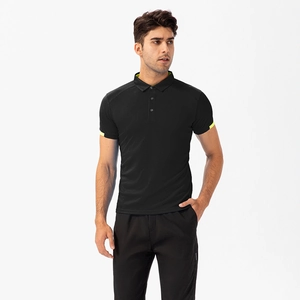 Men's quick-dry sports polo shirt in black with neon yellow contrast details on white background