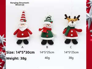 Three Christmas plush ornaments featuring Santa Claus, Snowman and Reindeer figurines