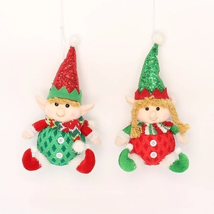 Pair of festive Christmas elf dolls featuring red and green sequins with hanging loops