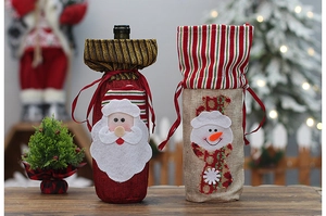 Détails des sacs à vin de Noël en toile avec appliques de Père Noël et bonhomme de neige