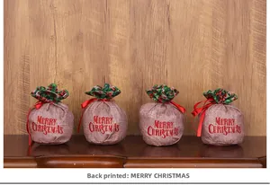 Set of four drawstring Christmas gift bags with red Merry Christmas print on burlap fabric