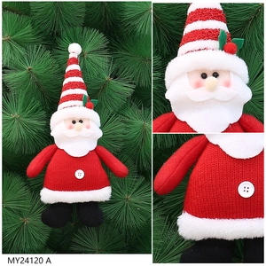 Detail shots of Santa plush ornament featuring red knit fabric and striped pointed hat