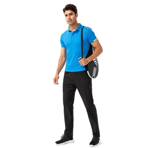Men's sky blue quick-dry polo shirt and black athletic pants sports set with shoes