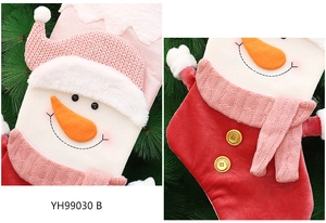 Macro detail of snowman Christmas stocking featuring red velvet and knit texture