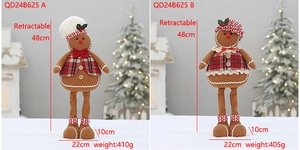 Detail of extendable gingerbread dolls with red plaid accents and height measurements