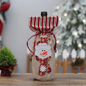 Sac à vin de Noël en toile de jute avec motif bonhomme de neige et ruban rouge