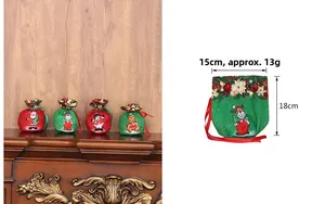 Christmas drawstring candy bags with Santa and reindeer motifs in red and green colors