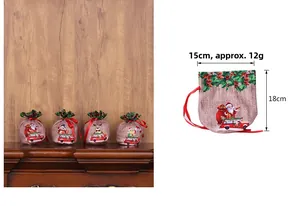 Detail of 15x18cm Christmas burlap gift bags with drawstring and holiday cartoon motifs
