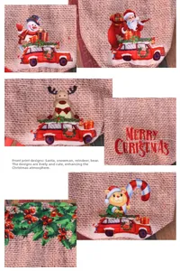 Detailed view of burlap Christmas gift bags featuring Santa, snowman, and reindeer prints