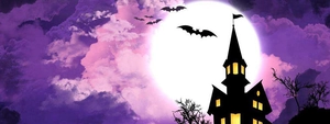 Halloween backdrop with a full moon, spooky haunted house silhouette and bats in purple sky