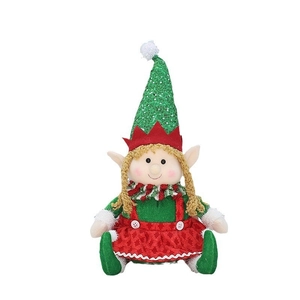 Weihnachts-Elf Puppe aus Stoff mit grünem Paillettenhut und rotem Karoschal Deko