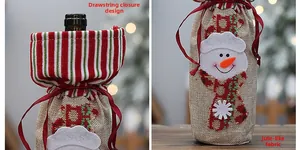 Détail du sac à vin en jute avec cordon et décoration festive d'applique bonhomme de neige