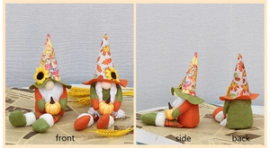 Three-angle views showing front, side and back of fall gnome plush harvest decor