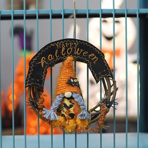 Halloween wreath with gnome, spider decorations and Happy Halloween sign for door hanging