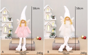 Detail view of pink and white plush Christmas angel dolls with silver wings and dimensions