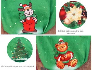 Detail of Christmas reindeer and bear patterns on green velvet gift bag