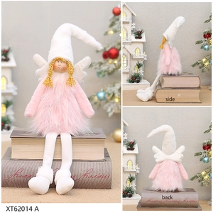 Detailed views of pink Christmas angel plush doll with white wings and long legs