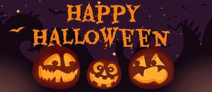 Detail of Happy Halloween banner with Jack-o'-lanterns, bats, and festive stars