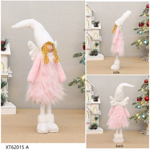 Front, side, and back view of a pink plush Christmas angel doll with wings and silver accents